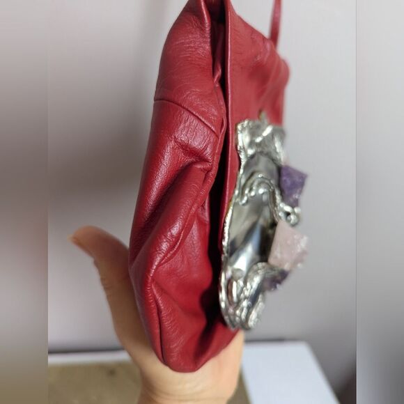 Vintage Copa Creation Red Leather Handbag with Amethyst & Rose Quartz – Carvalhu - Picture 4 of 8
